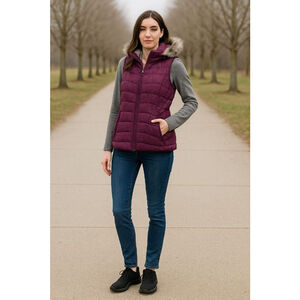 Women's Green Tea Magenta Faux Fur Hooded Puffer Vest XL